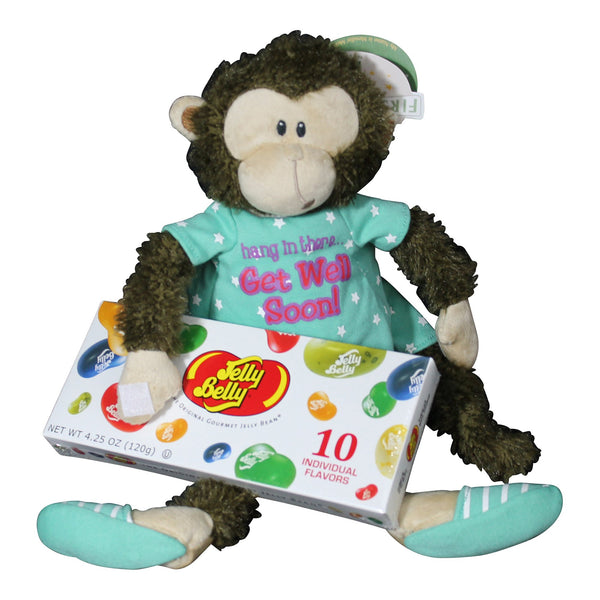 Get Well Gifts - 8" Cuddly Marvin Monkey Hang In There Plush Gift Set with Jelly Belly Jelly Bean Gift Box, Comes in organza bag